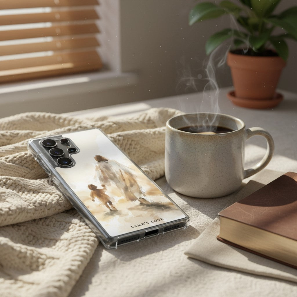 Christian Samsung Galaxy phone case featuring a watercolor design of Jesus walking with a child, styled in a cozy morning setting with a steaming mug, a book, and a soft knit blanket