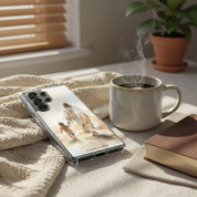 Christian Samsung Galaxy phone case featuring a watercolor design of Jesus walking with a child, styled in a cozy morning setting with a steaming mug, a book, and a soft knit blanket