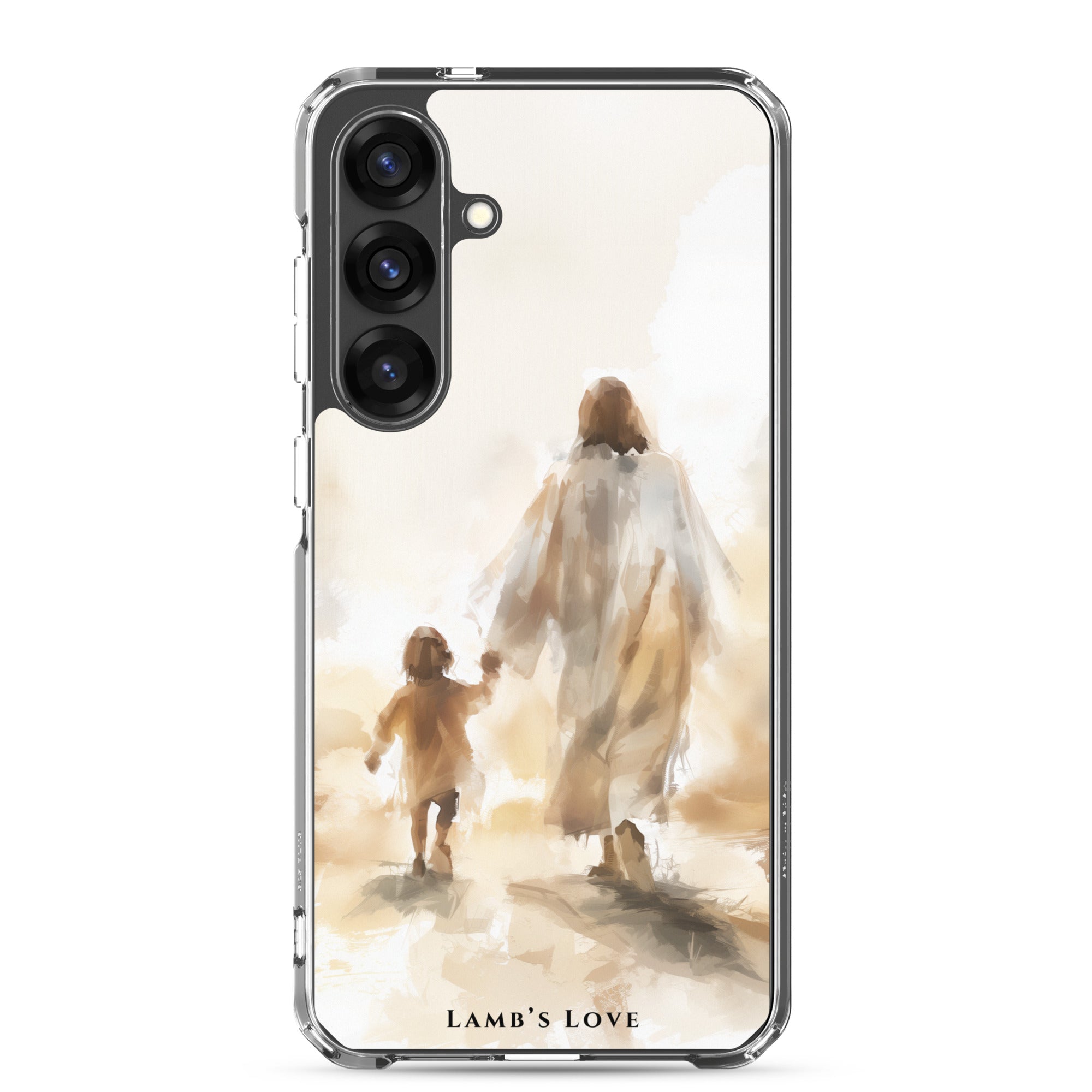 Christian Samsung Galaxy S25 Plus phone case featuring a watercolor illustration of Jesus holding a child's hand, symbolizing walking in faith and discipleship