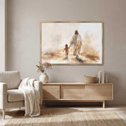 Follow Jesus Christian watercolor wall art of Jesus walking with a child, displayed above a wood console in a neutral living room.