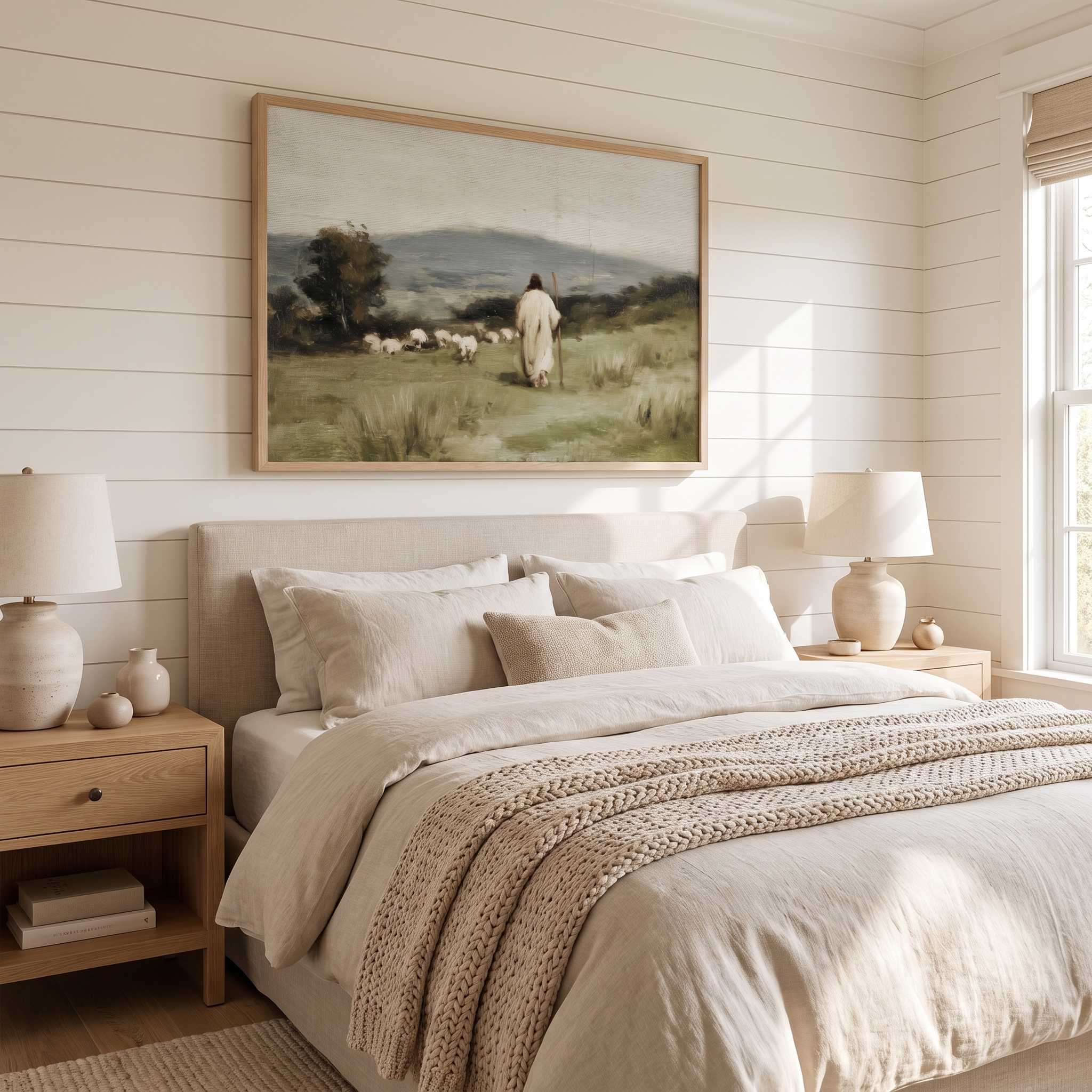A large framed landscape painting of a shepherd and sheep hangs on a white shiplap wall above a neatly made bed in a bright, neutral-toned bedroom.