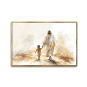 Follow Jesus, Jesus Walking Hand in Hand with a Child Watercolor Wall Art