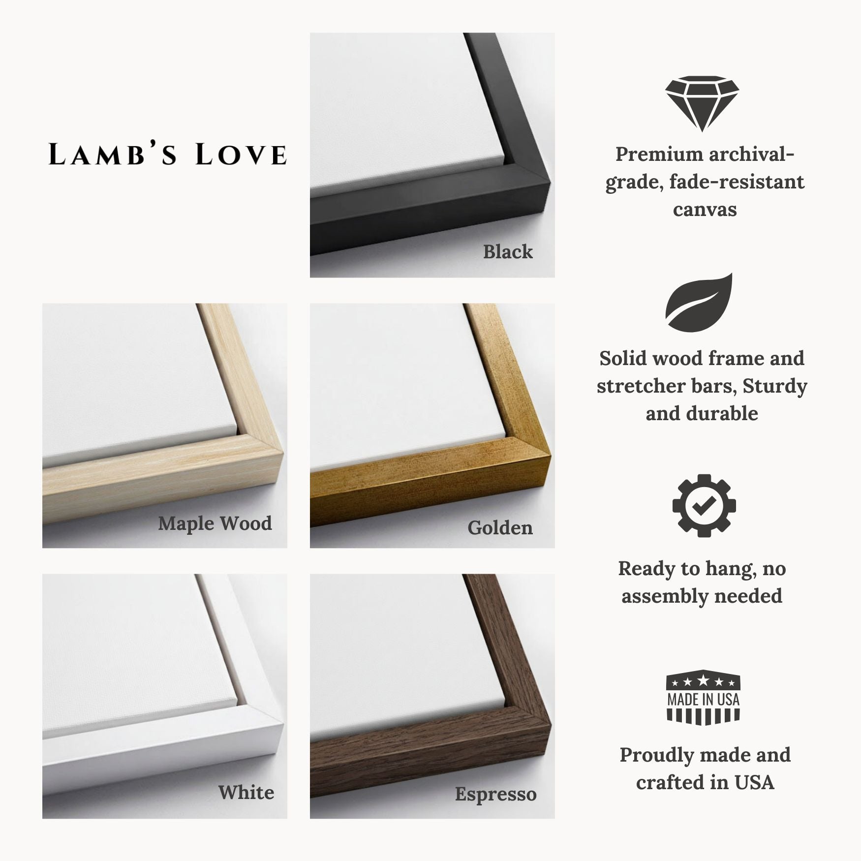 Informational chart highlighting Lamb's Love framed canvas features including premium archival fade-resistant canvas, solid wood frames in Black, Maple Wood, Golden, White, and Espresso, and ready-to-hang construction.