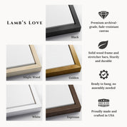 Informational chart highlighting Lamb's Love framed canvas features including premium archival fade-resistant canvas, solid wood frames in Black, Maple Wood, Golden, White, and Espresso, and ready-to-hang construction.