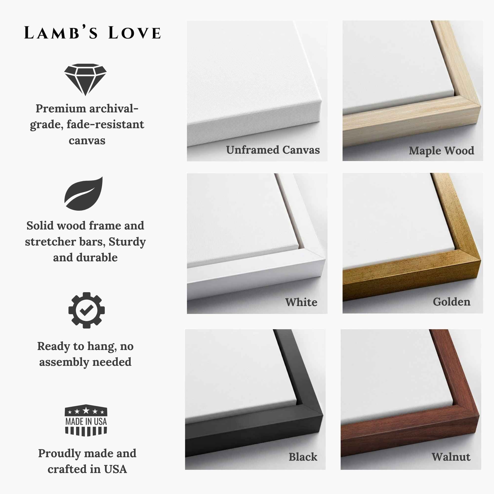 Informational chart highlighting Lamb's Love framed canvas features including premium archival fade-resistant canvas, solid wood frames in Black, Maple Wood, Golden, White, and Espresso, and ready-to-hang construction.