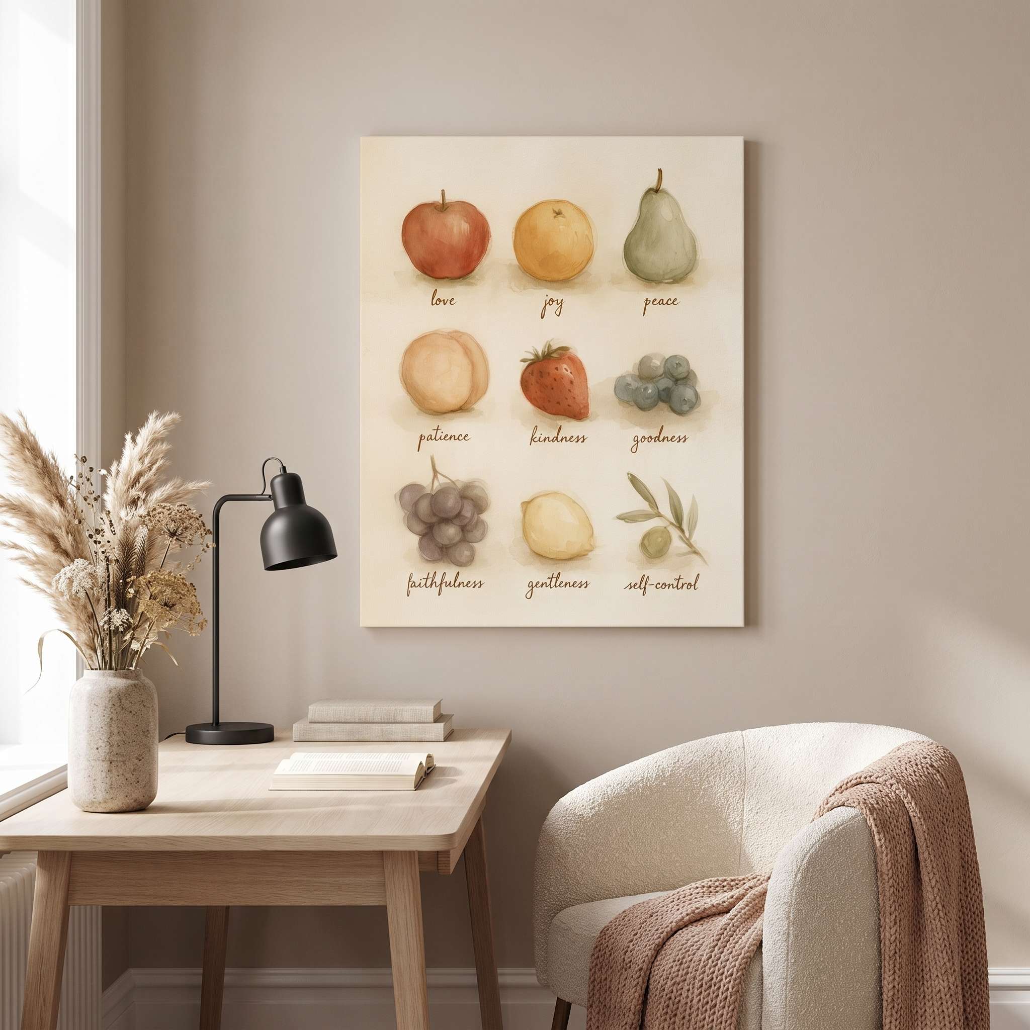 Fruit of the Spirit watercolor Christian kids canvas wall art above a wooden desk beside a cream reading chair with a blush knitted blanket.