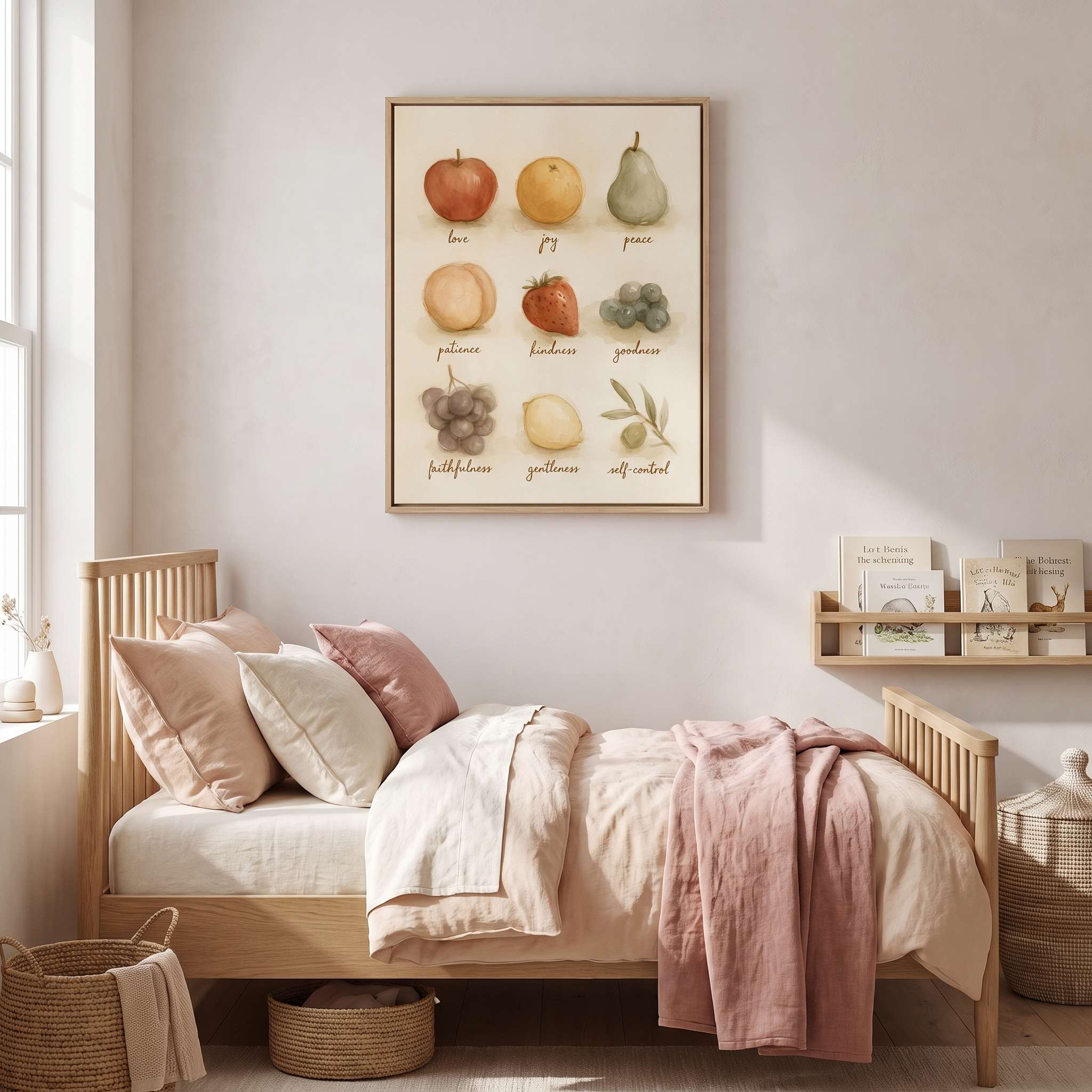 Framed Fruit of the Spirit Christian kids wall art with watercolor fruit illustrations above a wooden bed with blush and cream bedding.