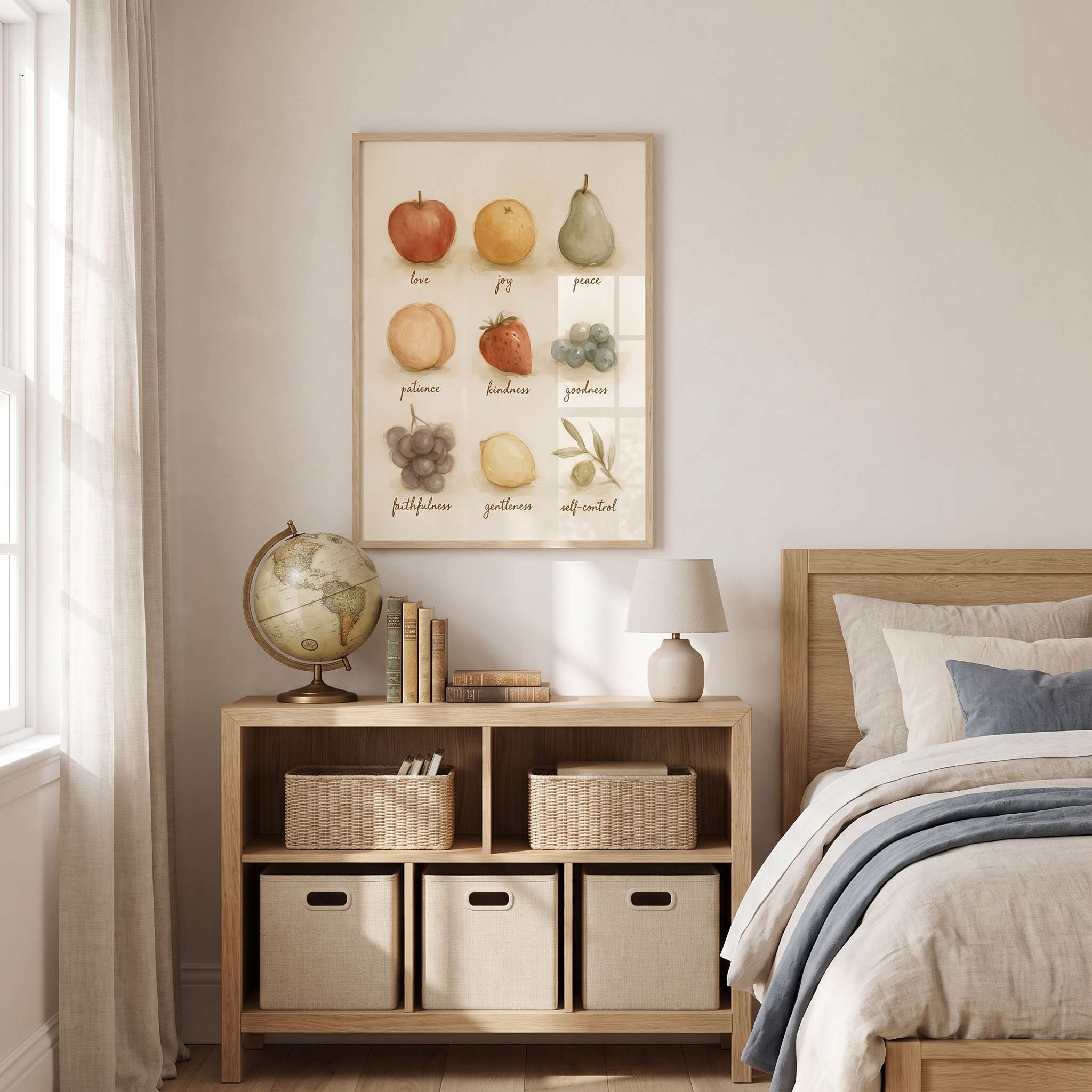 Fruit of the Spirit Christian kids framed print above wooden storage cubbies with baskets, books and a globe beside a bed with blue and cream bedding.