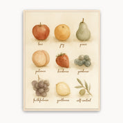 Fruit of the Spirit Christian kids wall art with nine watercolor fruits labeled love, joy, peace, patience, kindness, goodness, faithfulness, gentleness and self-control.