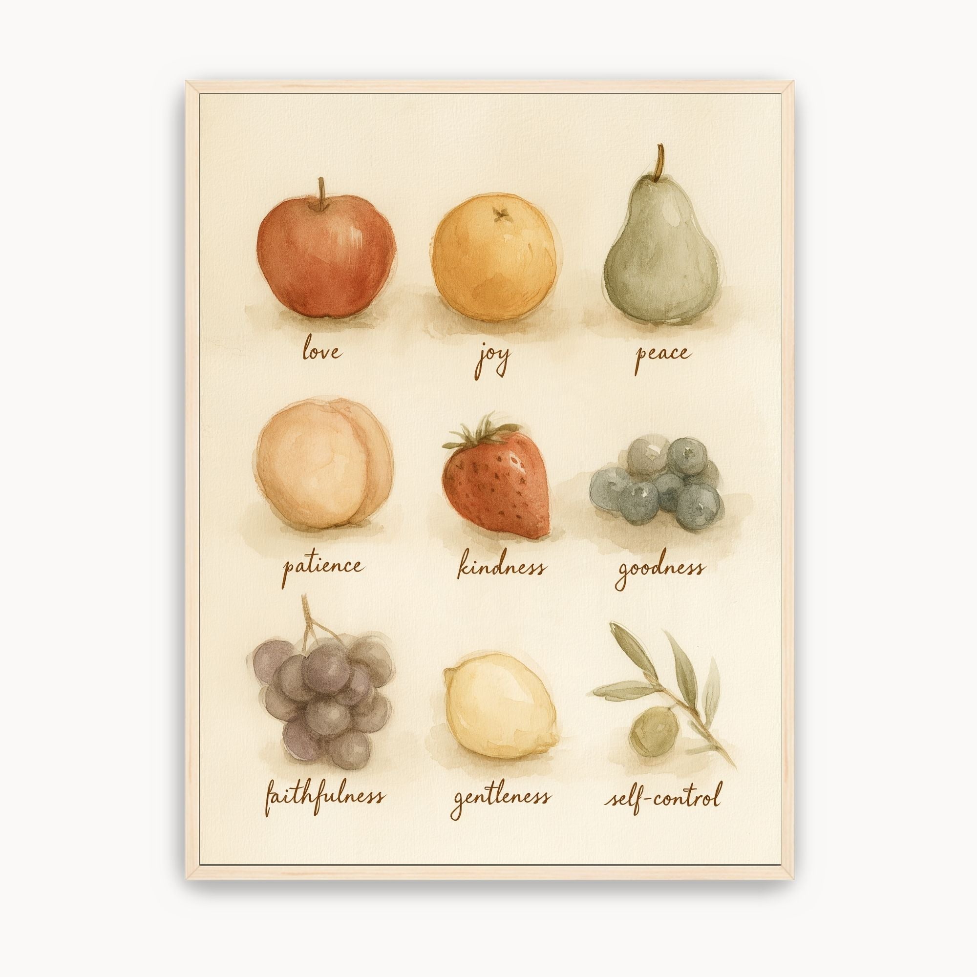 Fruit of the Spirit Christian kids wall art with nine watercolor fruits labeled love, joy, peace, patience, kindness, goodness, faithfulness, gentleness and self-control.