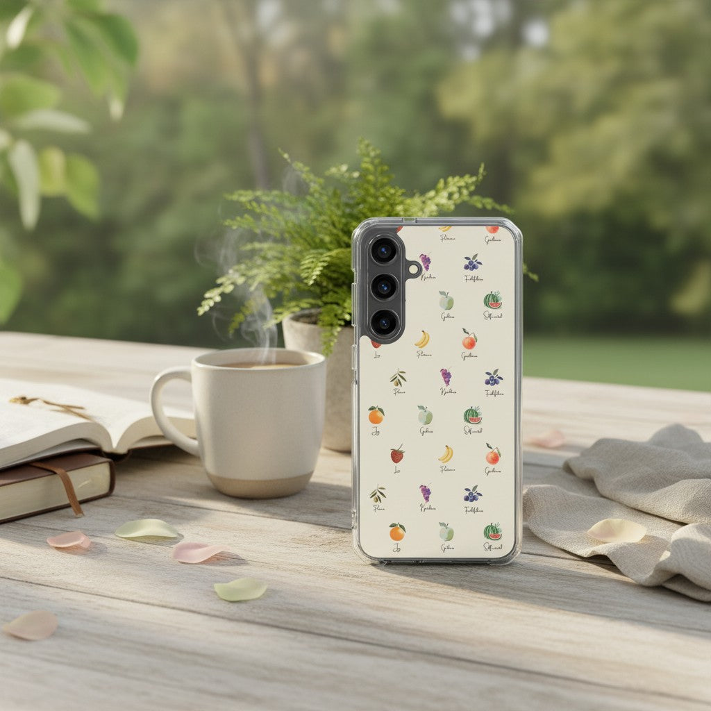 Fruits of the Spirit Christian Samsung phone case with fruit illustrations displayed on wooden table with coffee cup and Bible in natural light Galatians 5:22-23 love joy peace faithfulness
