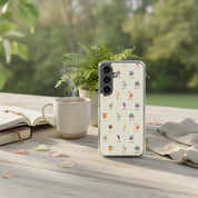 Fruits of the Spirit Christian Samsung phone case with fruit illustrations displayed on wooden table with coffee cup and Bible in natural light Galatians 5:22-23 love joy peace faithfulness