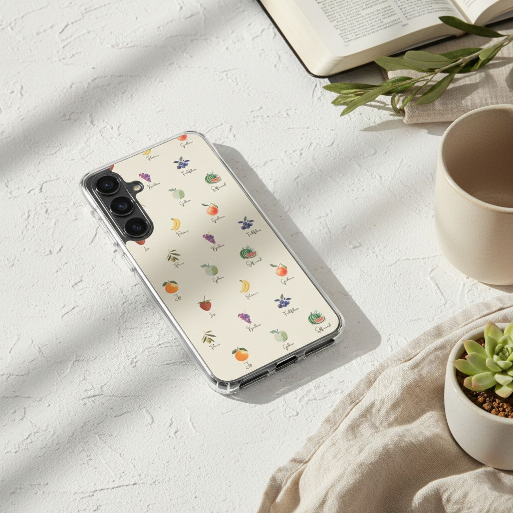 Fruits of the Spirit Christian Samsung phone case with colorful fruit illustrations on white surface with coffee cup Bible and plant in soft sunlight Galatians 5:22-23 love joy peace faithfulness