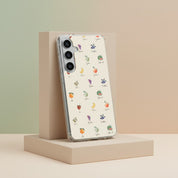 Fruits of the Spirit Christian Samsung clear phone case with fruit illustrations on beige podium minimalist background Galatians 5:22-23 love joy peace faithfulness