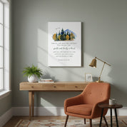 Matthew 11:29-30 Gentle and Lowly Christian canvas wall art styled above wooden desk with cozy chair and lamp.