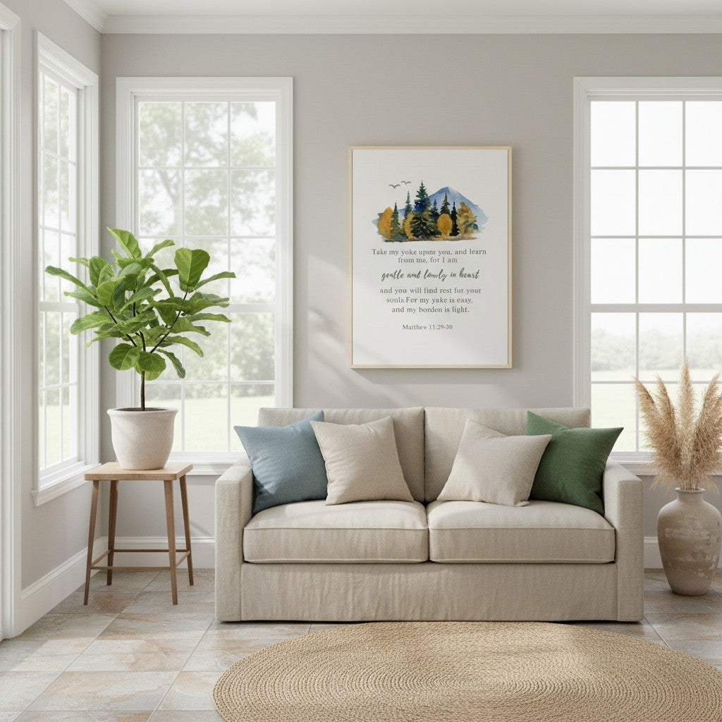 Serene mountain and forest watercolor wall art featuring Matthew 11:29–30, styled in a cozy living room with soft neutral furniture.