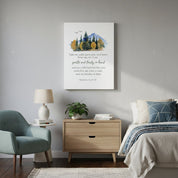 Bible verse wall art Matthew 11:29-30 Gentle and Lowly canvas displayed above nightstand in modern bedroom.