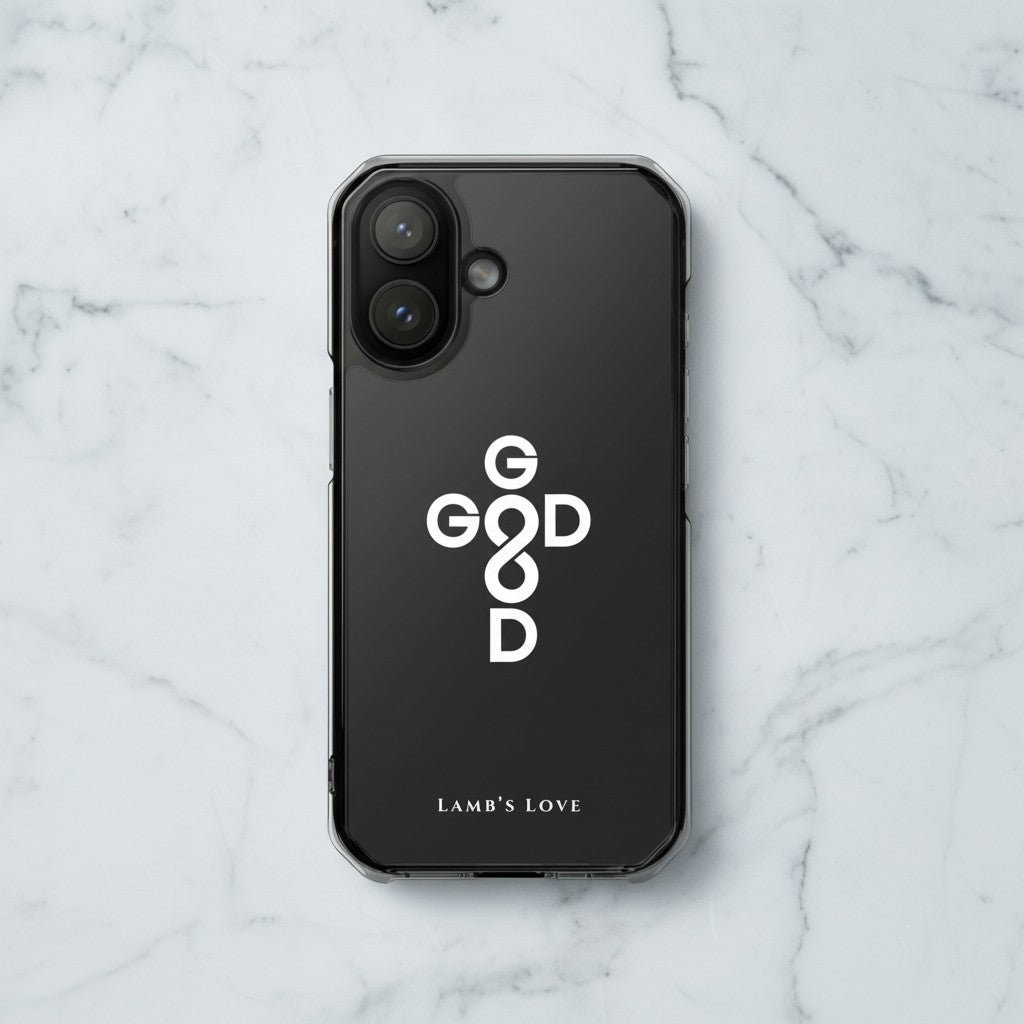 God Is Good Christian MagSafe iPhone case with cross design symbolizing eternal life through Christ on a marble background