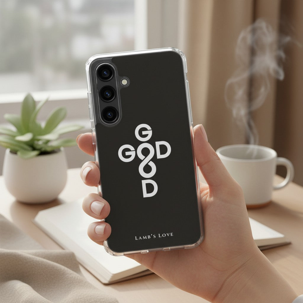 Hand holding God Is Good Christian Samsung Galaxy phone case with cross and infinity symbol representing God’s eternal goodness and love