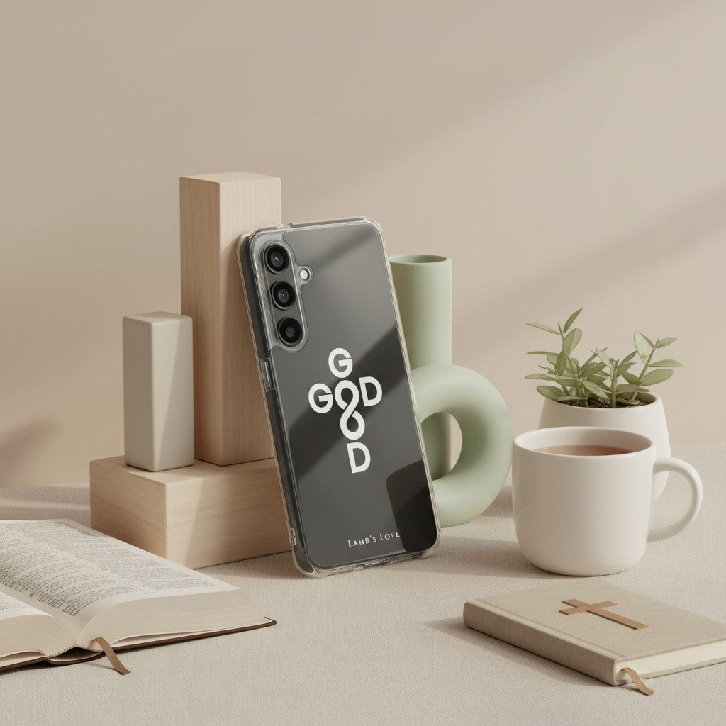 God Is Good Christian Samsung Galaxy phone case with cross and infinity symbol displayed on desk with Bible, coffee cup, and plant faith lifestyle scene