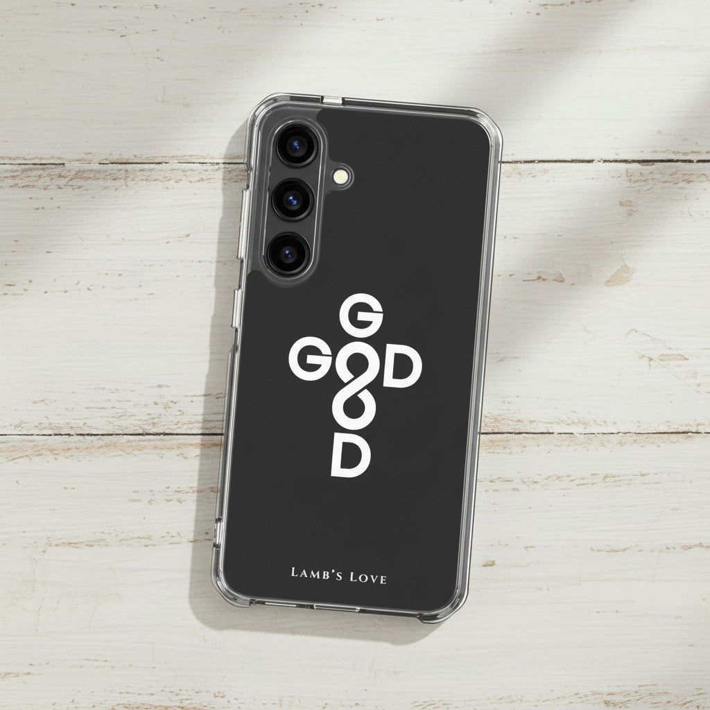 God Is Good Christian Samsung Galaxy phone case with cross and infinity symbol on white wooden background faith design