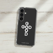 God Is Good Christian Samsung Galaxy phone case with cross and infinity symbol on white wooden background faith design