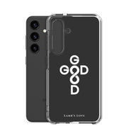 God Is Good Christian Samsung Galaxy S24 clear phone case with cross and infinity symbol representing God’s eternal goodness and love