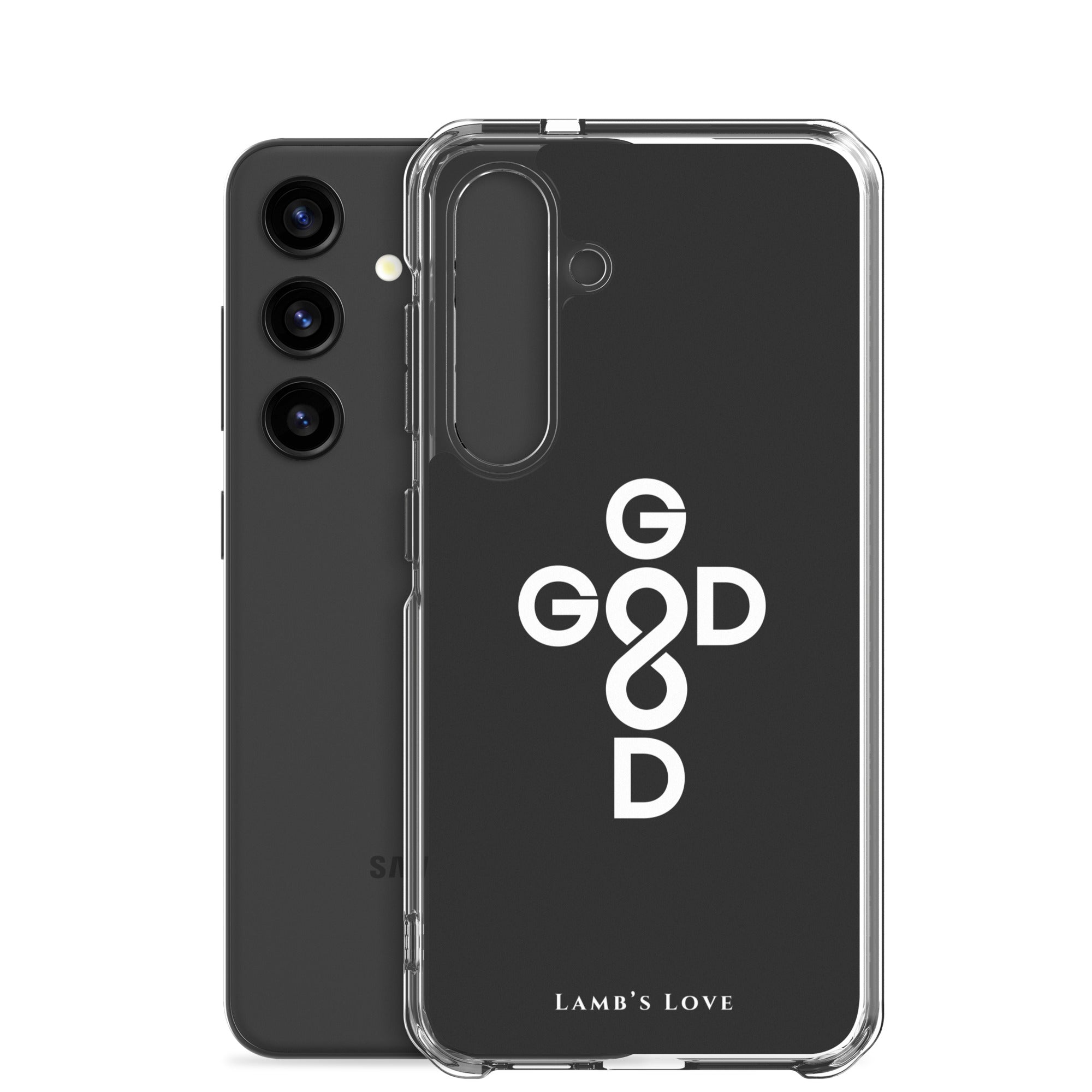 God Is Good Christian Samsung Galaxy S24 clear phone case with cross and infinity symbol representing God’s eternal goodness and love