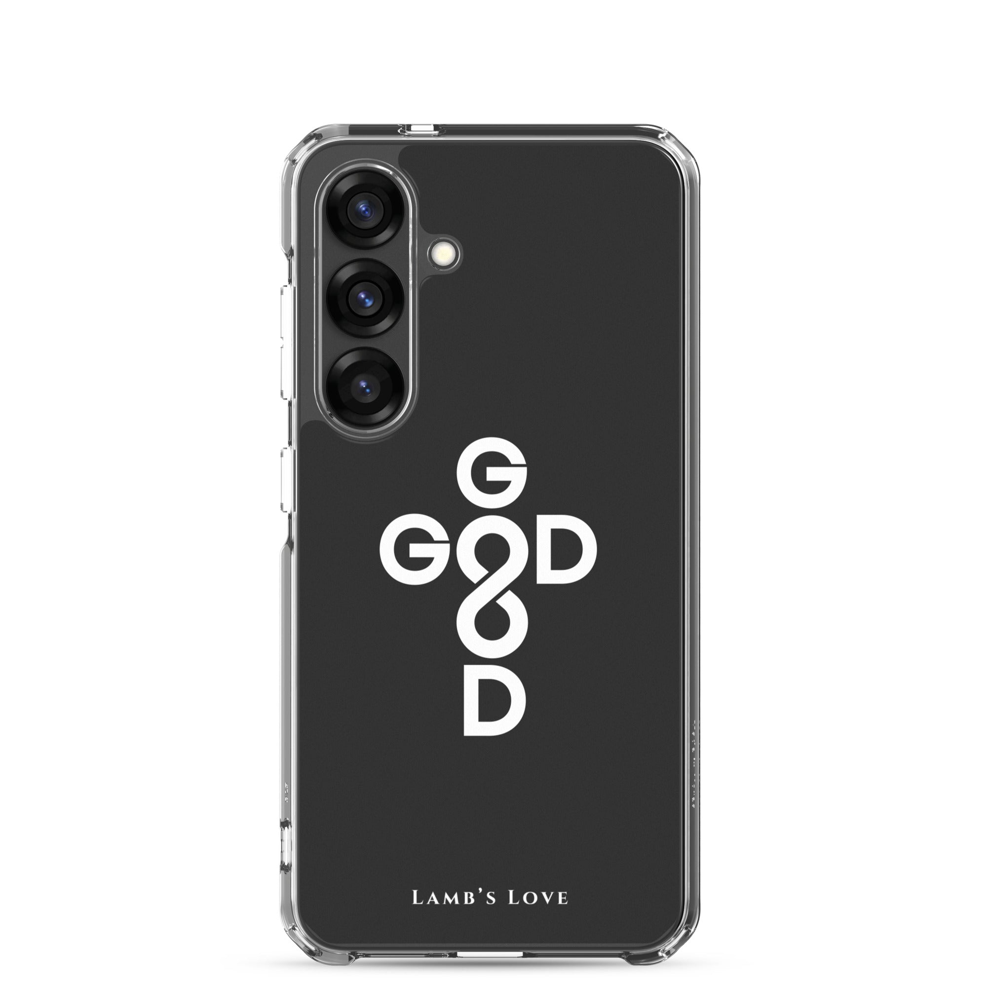 God Is Good Christian Samsung Galaxy S25 phone case with cross and infinity symbol representing God’s eternal love and goodness