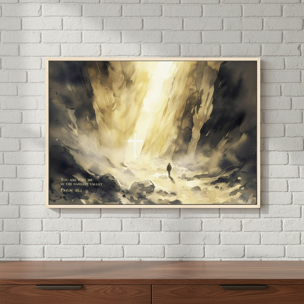 Christian wall art inspired by Psalm 23:4 featuring dark valley watercolor landscape with light shining through, symbolizing God’s comfort and strength.