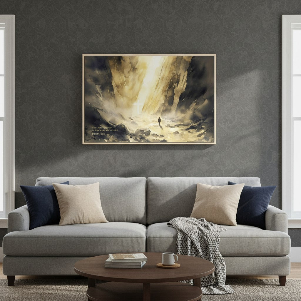 Psalm 23:4 watercolor wall art titled “God Lead Me in Darkest Valley” displayed in a modern living room, reminding of faith in hard times.
