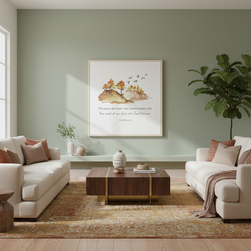 “God’s Word Stands Forever” framed Christian canvas with watercolor hills and Scripture, styled in a bright modern living room.