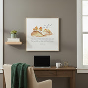 Isaiah 40:8 watercolor wall art featuring autumn hills and golden trees, styled above a bed for warm Christian bedroom decor.
