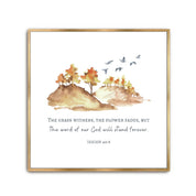 Isaiah 40:8 Christian art print flat lay showing watercolor autumn trees and the verse “The word of our God will stand forever.”