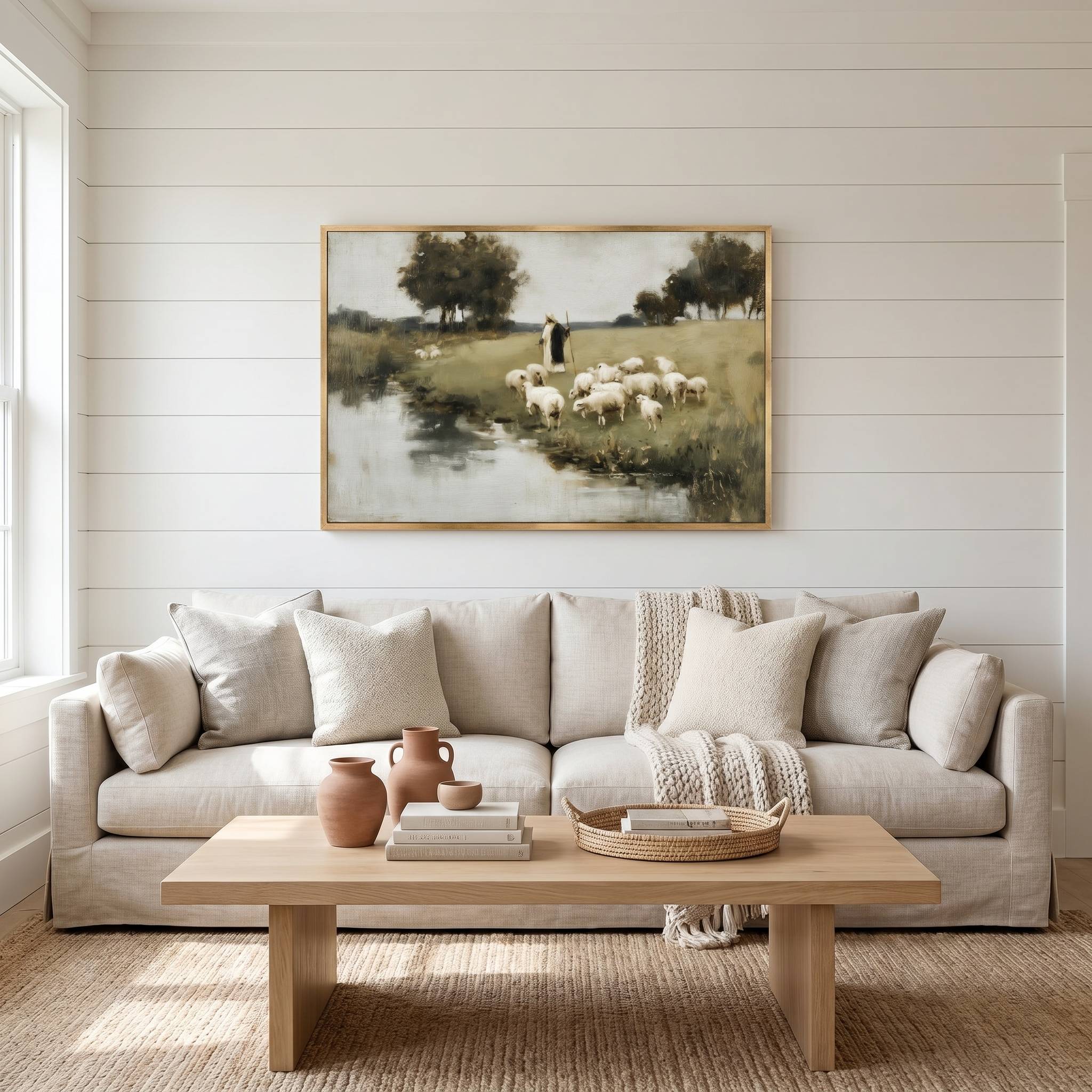 Vintage Christian landscape painting of Jesus as the Good Shepherd leading a flock of sheep along calm, quiet waters, inspired by Psalm 23.
