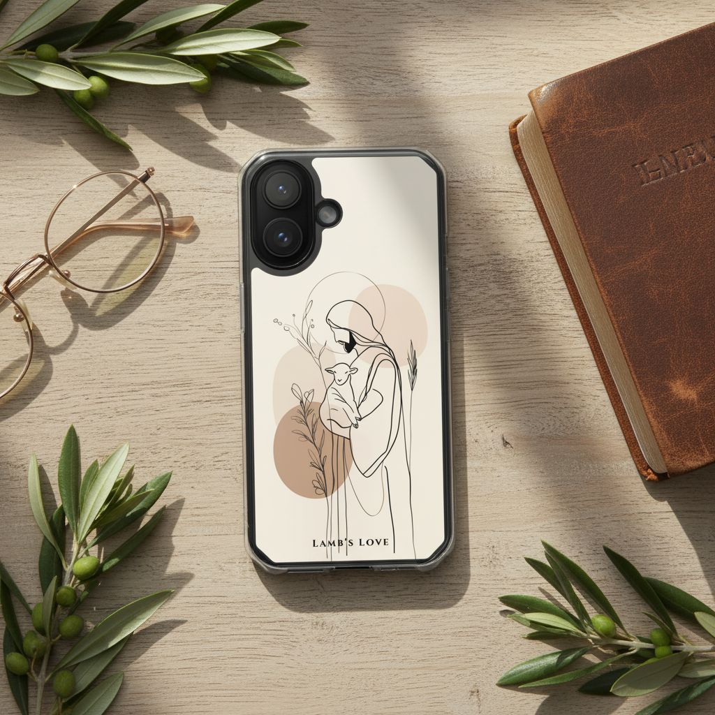 Good Shepherd Christian MagSafe iPhone case beside Bible and eyeglasses on wooden desk with olive branches featuring minimalist artwork of Jesus holding a lamb and warm devotional aesthetic