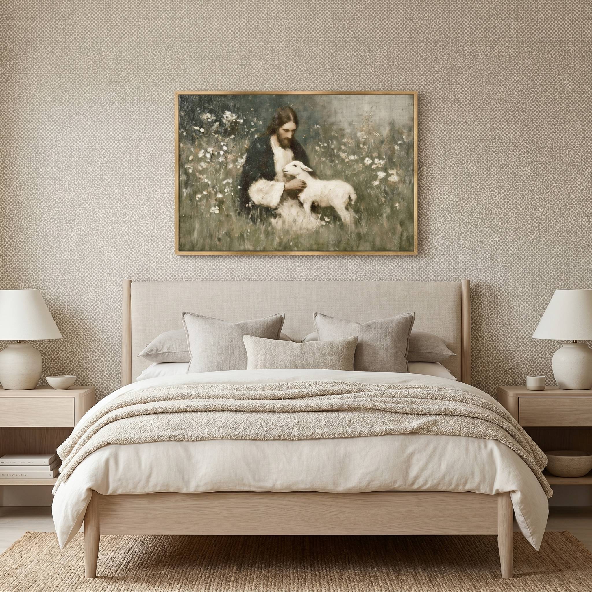 Safe in His Arms | The Good Shepherd Christian wall art hanging in a light wood frame above a modern fireplace in a cozy living room setting.
