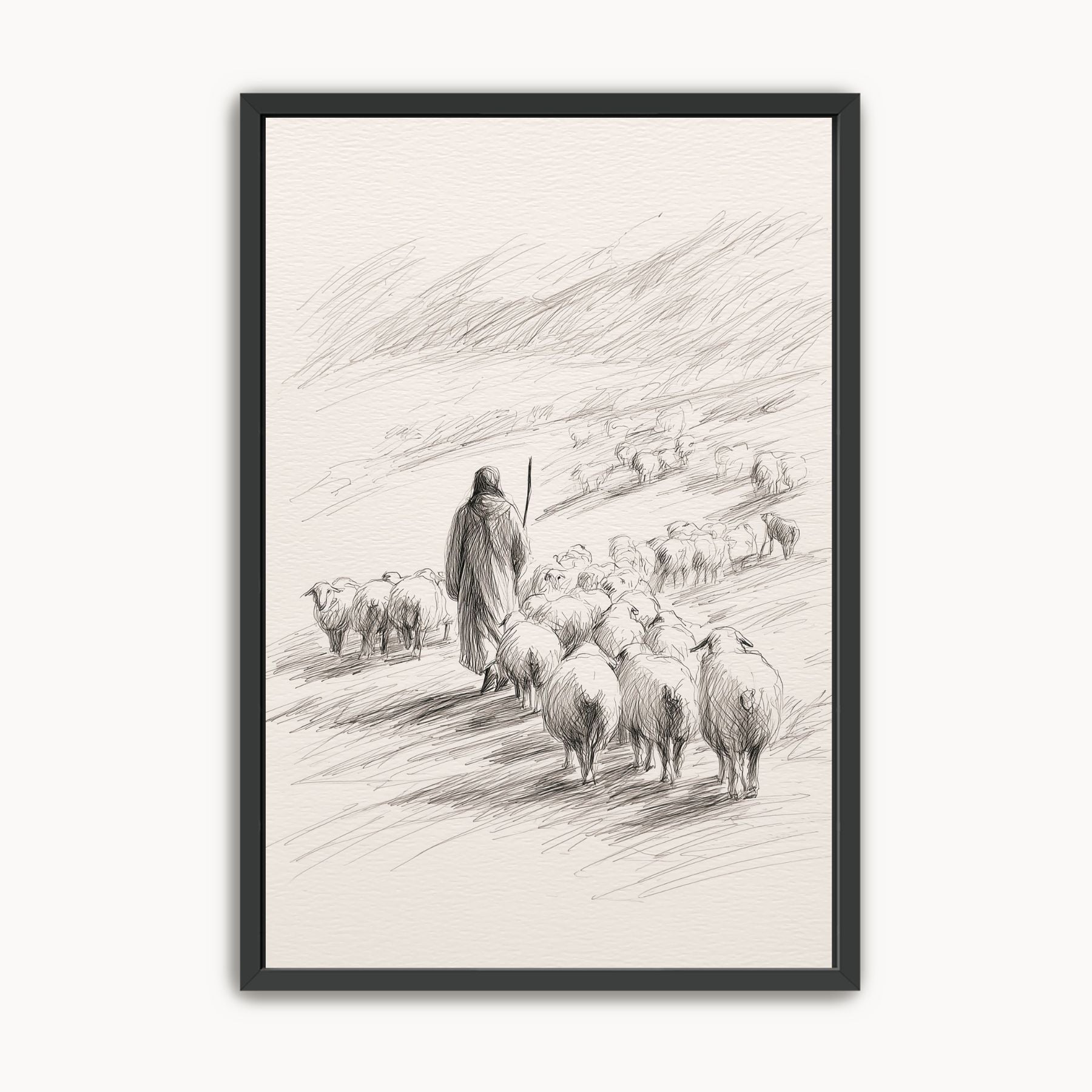 Good Shepherd Christian wall art in minimalist line art sketch style with shepherd and sheep