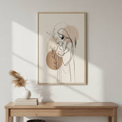 Minimalist Good Shepherd Christian wall art displayed above wooden console table in modern neutral beige home.