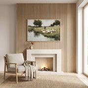 Beside Still Waters | The Good Shepherd Christian wall art displayed above a cozy modern fireplace, featuring Jesus leading His sheep beside still waters, inspired by Psalm 23 and symbolizing Christ's peace, guidance, and faithful care.