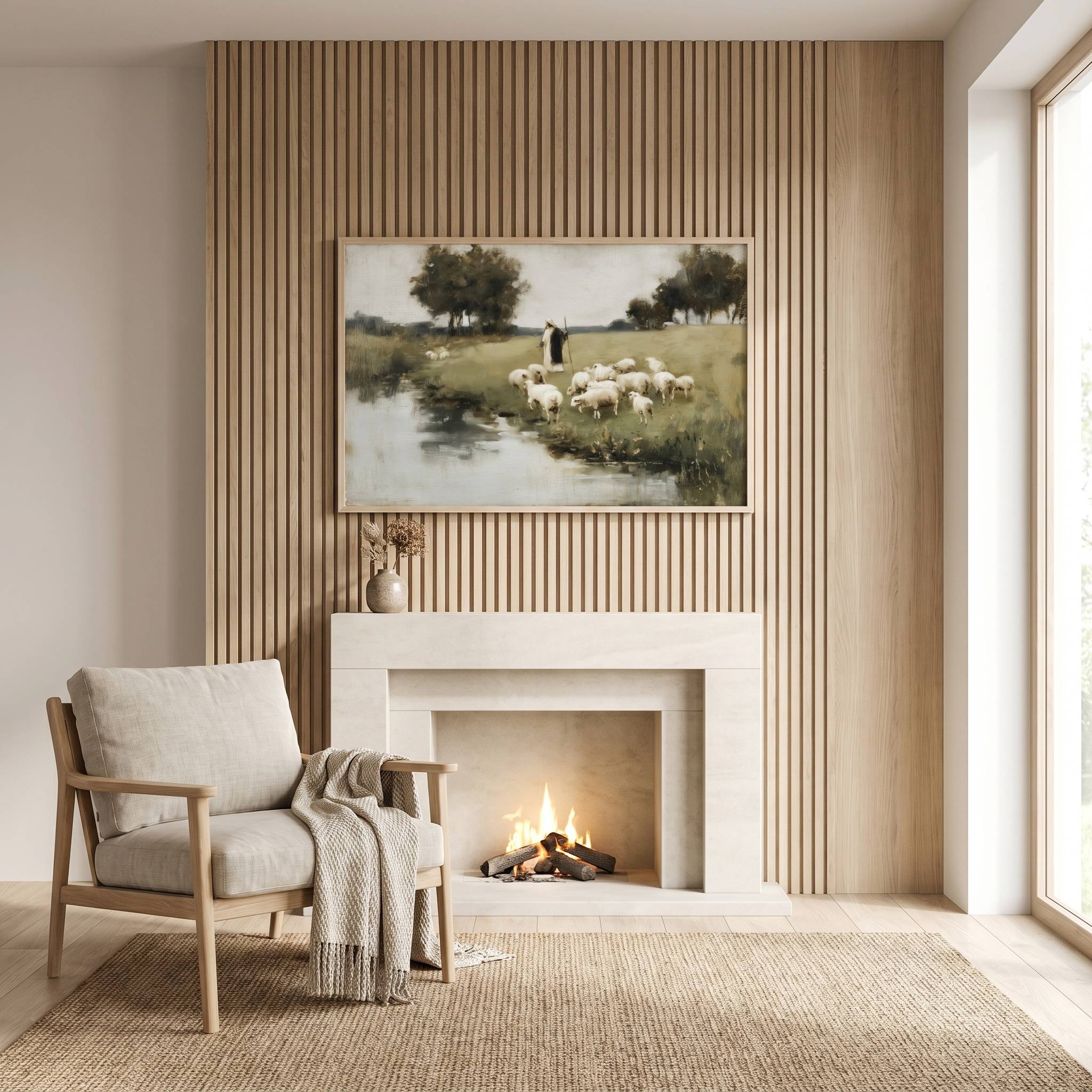 Beside Still Waters | The Good Shepherd Christian wall art displayed above a cozy modern fireplace, featuring Jesus leading His sheep beside still waters, inspired by Psalm 23 and symbolizing Christ's peace, guidance, and faithful care.