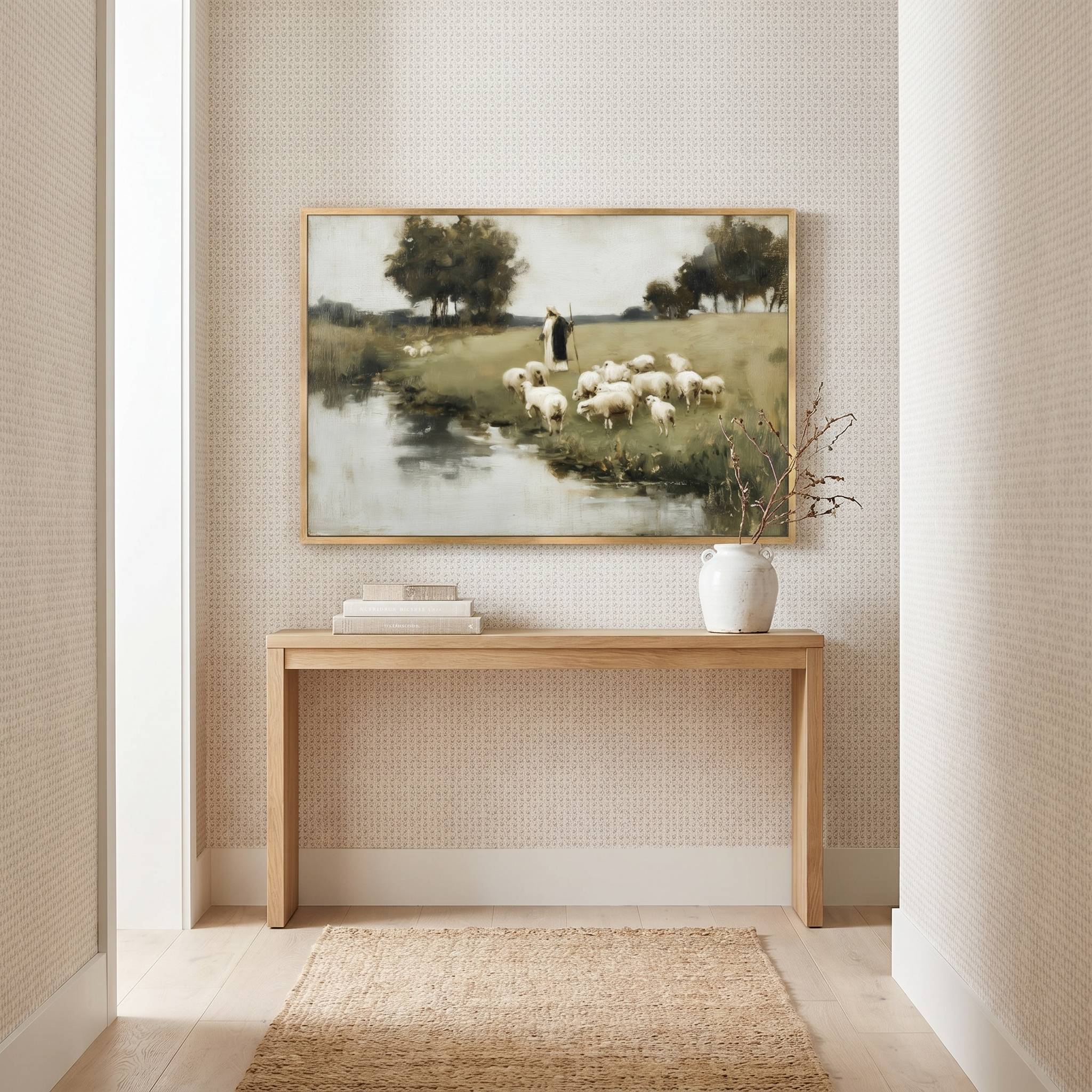 Beside Still Waters | The Good Shepherd Christian wall art displayed above a wooden entryway console table, featuring Jesus leading His sheep beside still waters, inspired by Psalm 23 and symbolizing Christ's peace, guidance, and faithful care.