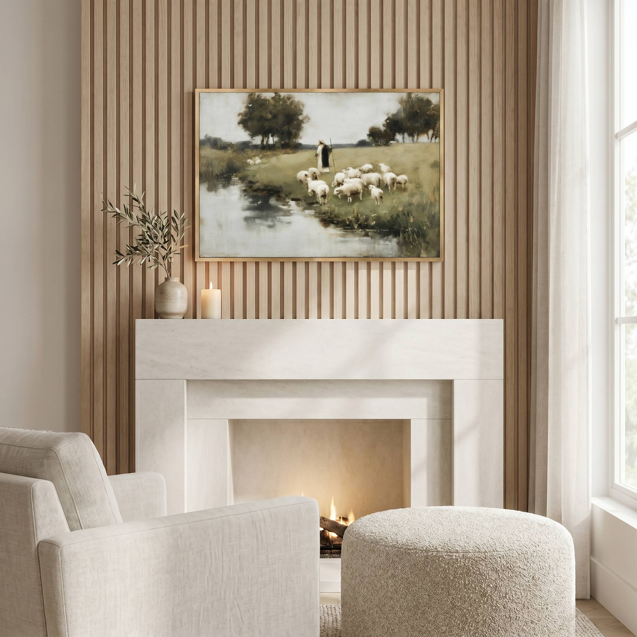 Beside Still Waters | The Good Shepherd Christian wall art displayed above a modern fireplace mantel, featuring Jesus leading His sheep beside still waters, inspired by Psalm 23 and symbolizing Christ's peace, guidance, and faithful care.