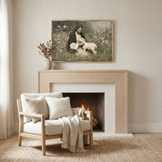 Safe in His Arms | The Good Shepherd Christian wall art displayed above a modern fireplace mantel, featuring Jesus gently holding a lamb in a peaceful meadow, inspired by John 10 and symbolizing Christ's love, protection, and compassionate care.
