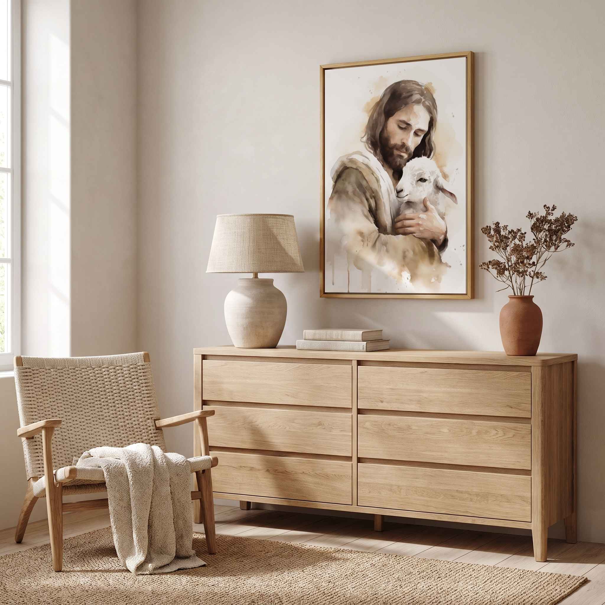Jesus the Good Shepherd holding a lamb in vertical watercolor wall art above a light wood dresser in a warm neutral bedroom.