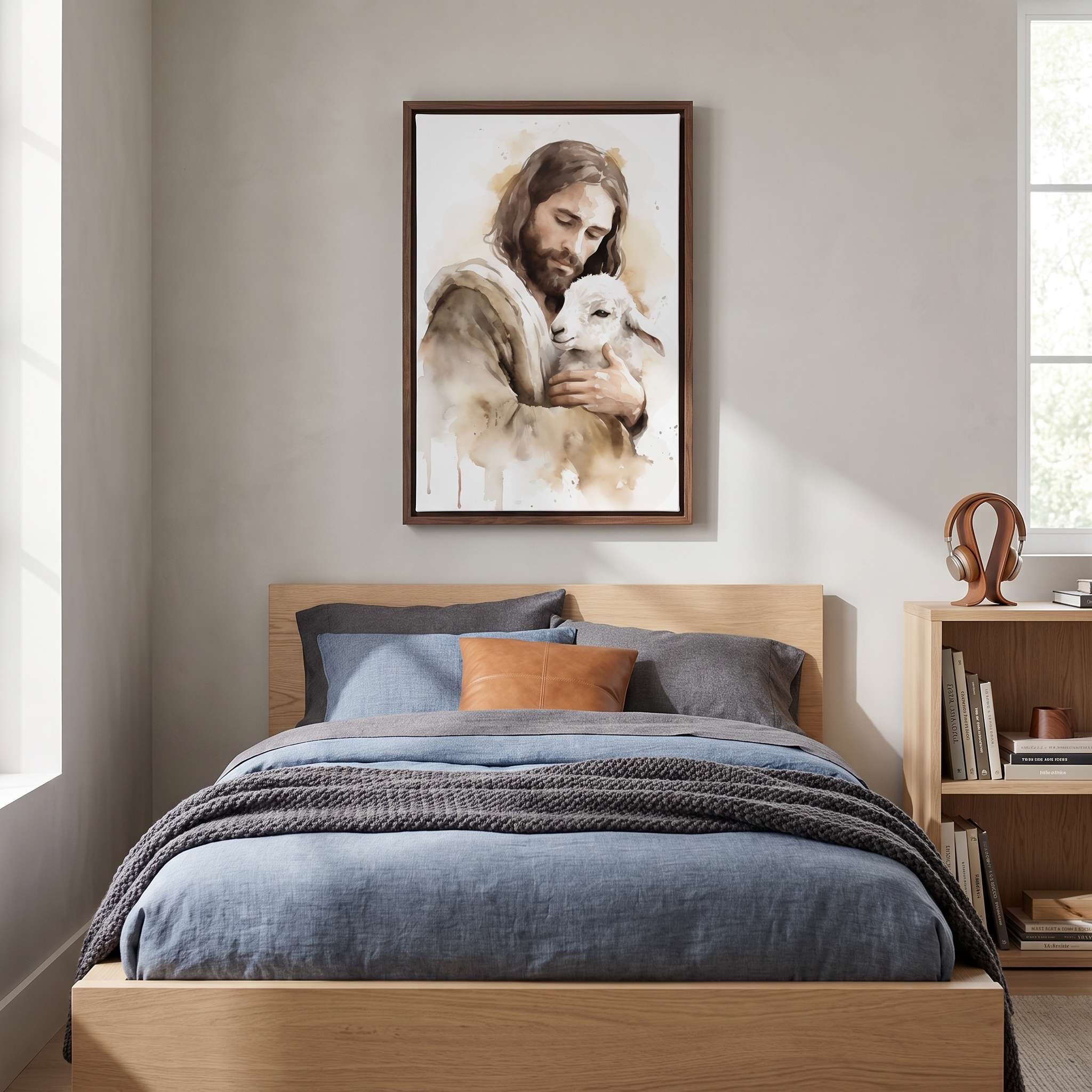 Jesus the Good Shepherd holding a lamb in framed Christian watercolor wall art above a bed in a modern boy’s bedroom.