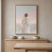 Framed watercolor wall art of Jesus carrying a rescued lamb above a light wood dining room sideboard, featuring Good Shepherd Christian decor for a peaceful home.
