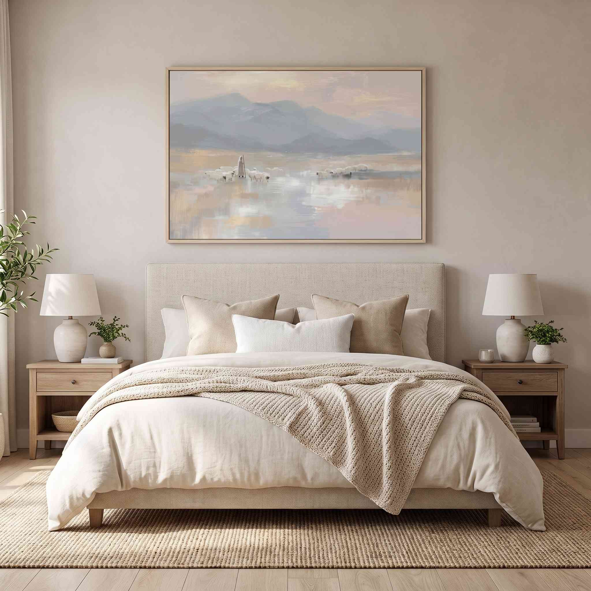 Pastel Good Shepherd landscape wall art showing Jesus with sheep beside misty mountains and water, displayed above a neutral bedroom bed.