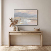Jesus the Good Shepherd with His sheep wall art above a dining table on a warm terracotta wall, in soft watercolor landscape tones.