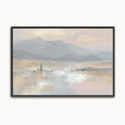 Christian wall art of Jesus the Good Shepherd guiding His sheep through a misty coastal landscape with mountains in the distance.